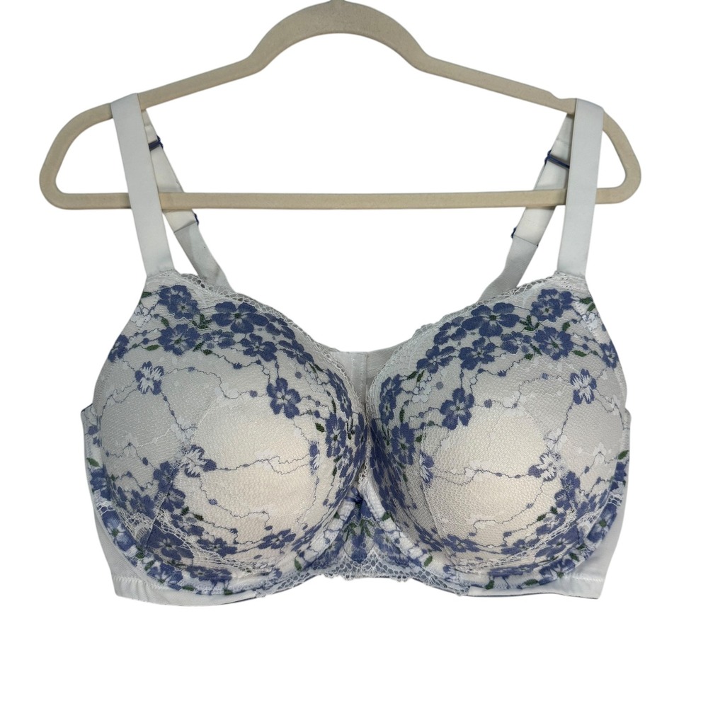 Cacique Boost Plunge Bra 44DDD White Blue Floral Lace Underwire Embroidery 5915